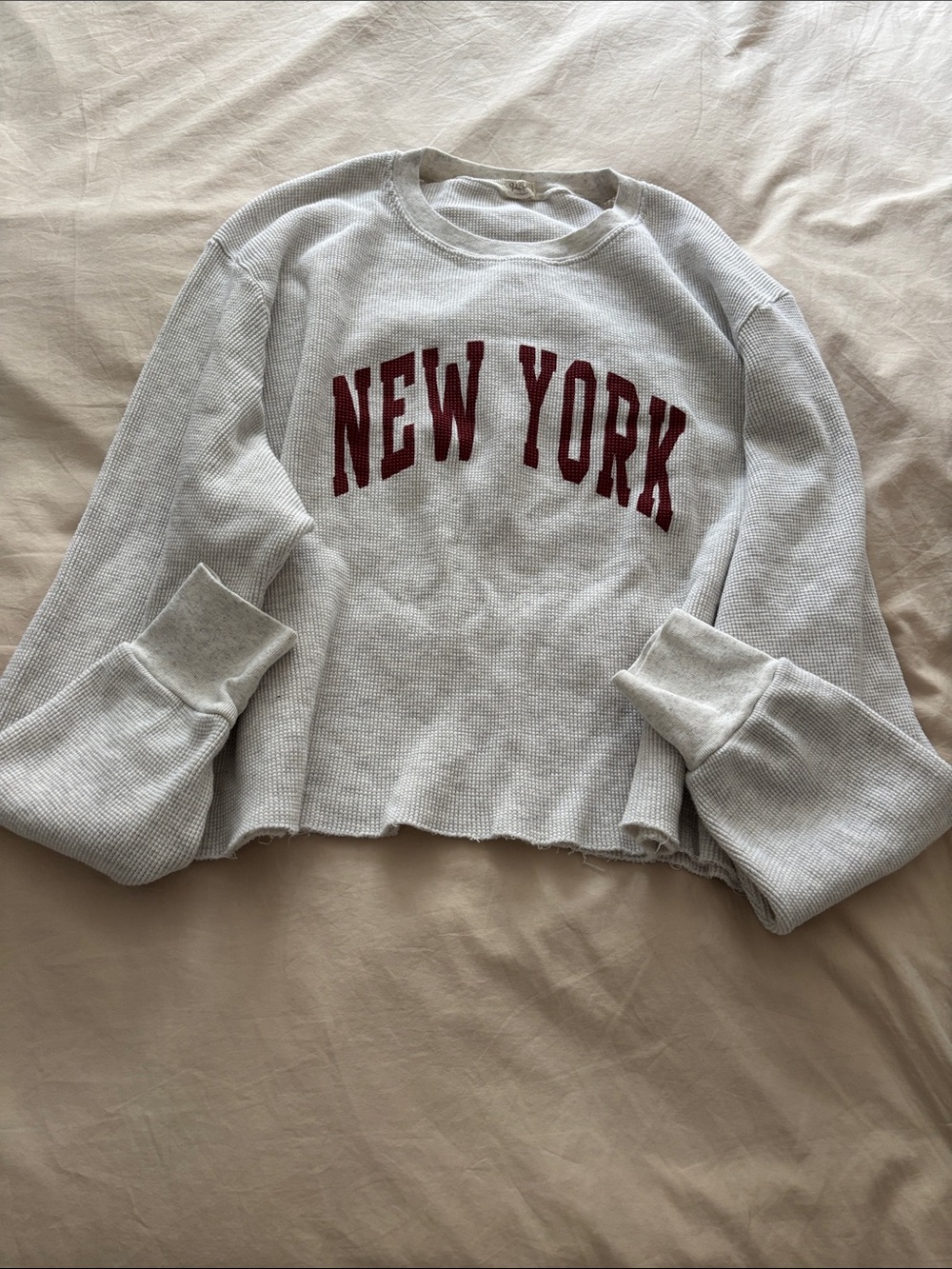 Brandy Melville White Waffle-Knit Crewneck with Red "NEW YORK" Lettering